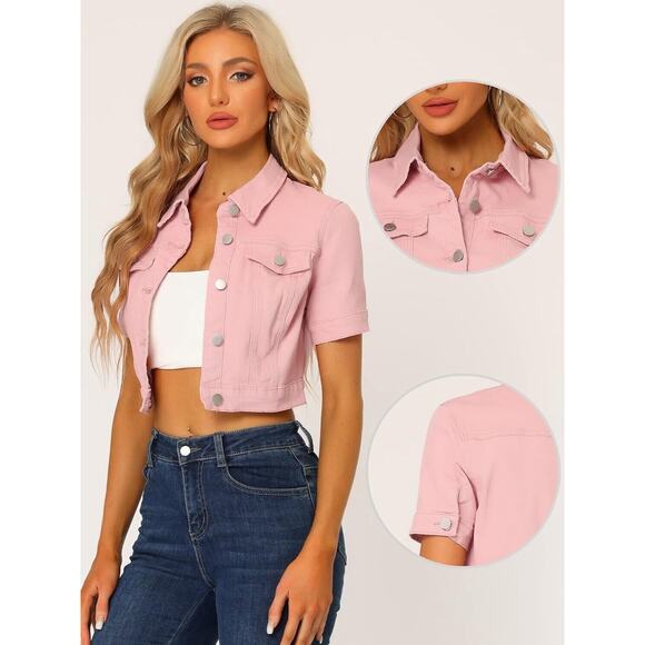 Women's Denim Crop Jackets Button Down Blush Pink Jean Jacket NWT - Picture 2 of 6